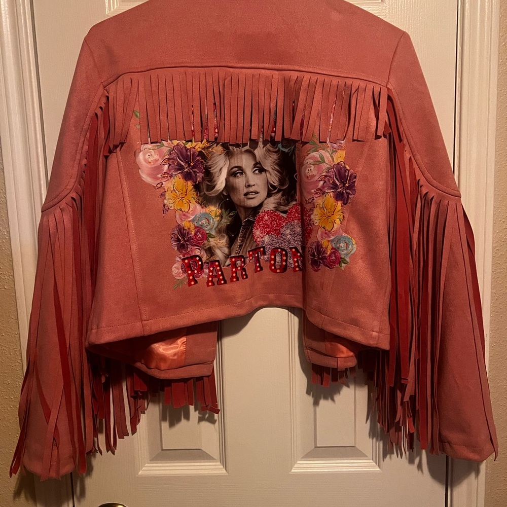 Fringed Coral Leather Jacket with Floral Design